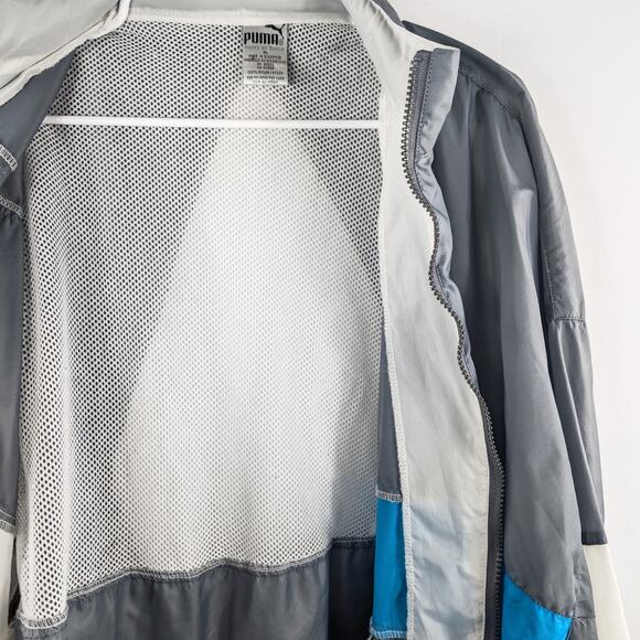 Puma XL Vintage Windbreaker Jacket Gray Blue Nylon Mesh Lined Full Zip Track - Picture 3 of 4